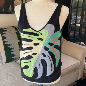 NIC+ZOE Navy and Green Monstera Leaf Pattern Tank Top
